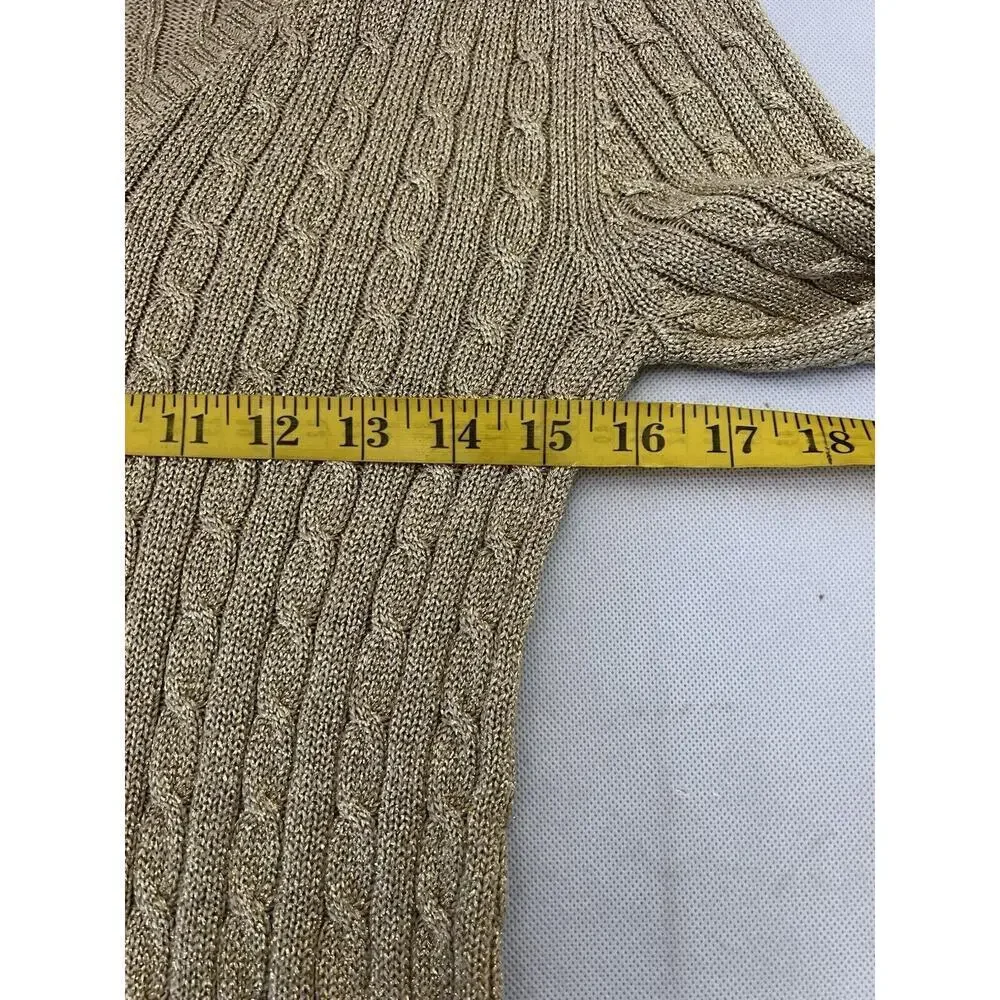 Lauren Ralph Lauren Metallic Gold Foil Cable Knit Pullover Sweater V Neck Medium - Picture 4 of 6